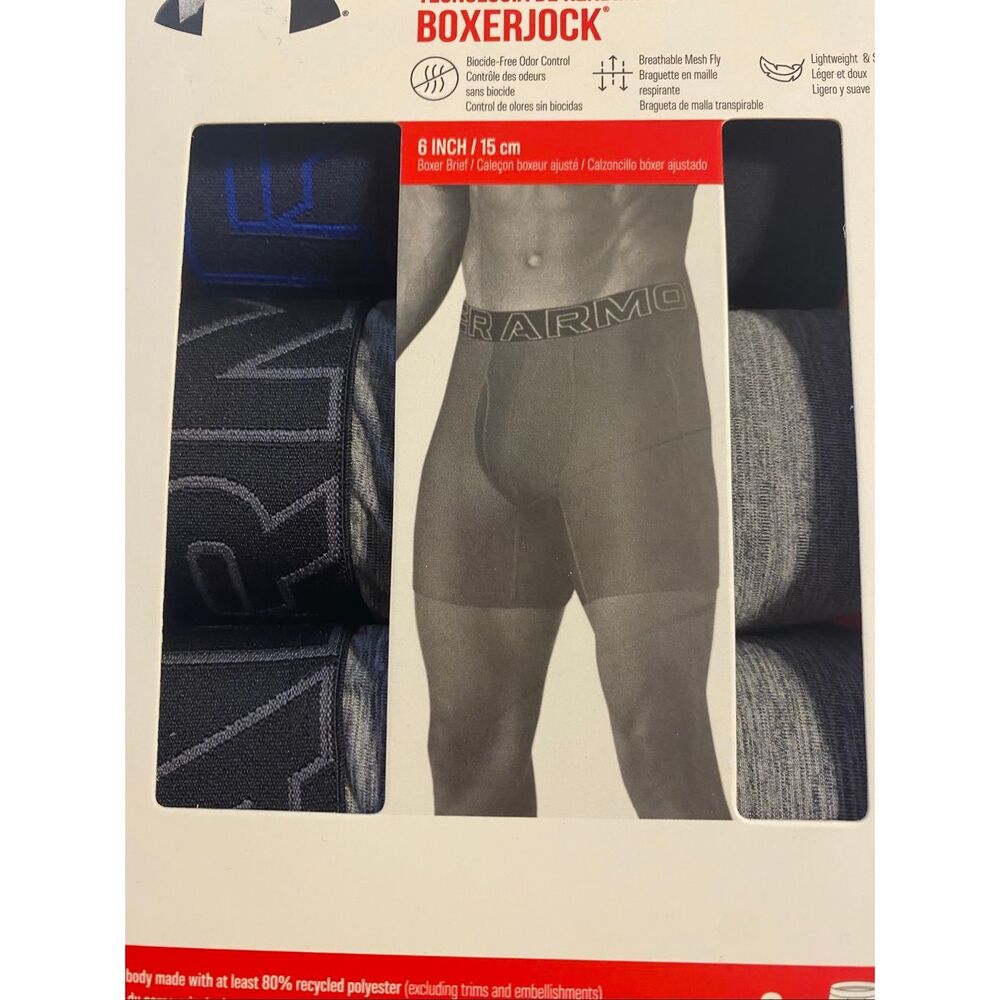 Under Armour Boxerjock Boxer Briefs Size M 3 Pack Underwear 6" Inseam Black Gray - Picture 2 of 8